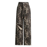 Autumn American Retro Leopard Print High Waisted Slim Fit Straight Jeans Ripped Denim Pants