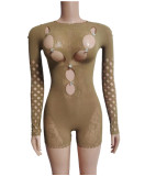 Women Sexy Mesh See-Through Hollow Round Neck Long Sleeve Romper