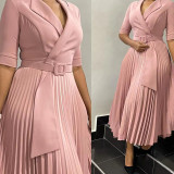 Women Turndown Collar Pleated Solid Dress