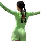 Women Sexy Mesh See-Through Hollow Round Neck Long Sleeve Romper