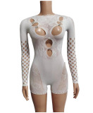 Women Sexy Mesh See-Through Hollow Round Neck Long Sleeve Romper
