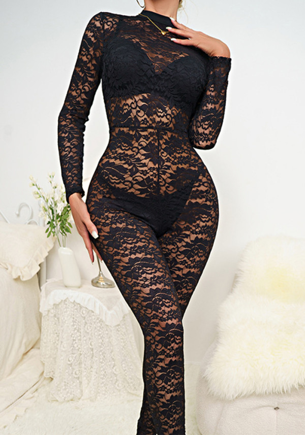 Women Summer Sexy Black Lace Jacquard Hollow See-Through Long Sleeve Jumpsuit