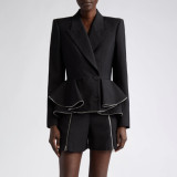 Autumn Chic Career Style Double Breasted Patchwork Ruffle Slim Waist Slim Fit Short Blazer