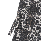 Autumn American Retro Leopard Print High Waisted Slim Fit Straight Jeans Ripped Denim Pants