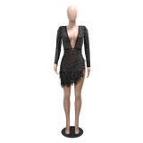 Women Sexy V-Neck Slit Beaded Feather See-Through Long Sleeve Dress