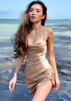 Women Sexy Strapless Pleated Backless Hollow Strap Dress