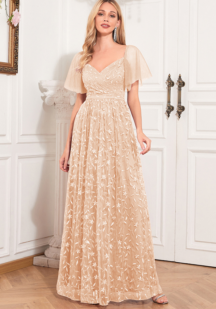 Women Elegant See-Through Short Sleeve V-Neck Mesh Evening Dress