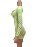 Women Sexy Mesh See-Through Hollow Round Neck Long Sleeve Romper