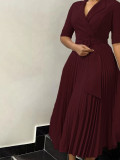 Women Turndown Collar Pleated Solid Dress