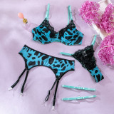 Women lace Patchwork printed sexy push-up contrasting color Three-Piece sexy lingerie