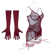 Women mesh sexy Backless See-Through straps and gloves Three-Piece sexy lingerie