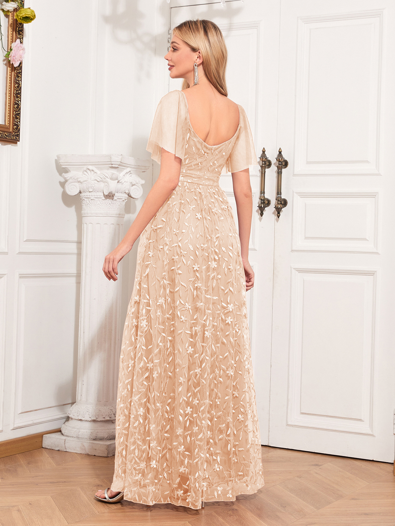 Women Elegant See-Through Short Sleeve V-Neck Mesh Evening Dress