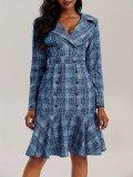 Plus Size Women Turndown Collar Double Breasted Plaid Print Career Dress