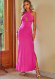 Women Solid Halter Neck Backless Slit Sexy Dress