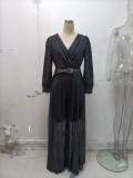 Women V-neck long-sleeved and sequined wide-leg Jumpsuit （with Belt）