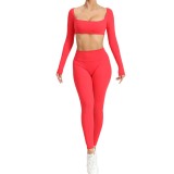 Winter Tight Fitting Square Neck Yoga Suit Outdoor Running Quick-Drying Sports Long Sleeve Fitness Two-Piece Pants Set
