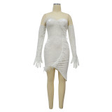Women's Autumn Winter Feather Velvet Slim Bodycon Dress With Gloves