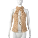 Winter Christmas Style Sexy Halter Neck Hollow Women's Furry Top