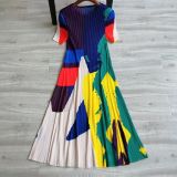 Women Summer Contrast Color Pleated Short Sleeve Dress
