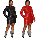 Women Solid Color Pu Leather Long Sleeve Pocket Zipper Dress
