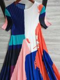 Women Summer Contrast Color Pleated Short Sleeve Dress
