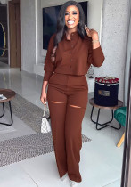 Long-Sleeved Solid Button Up Top Fashionable Ripped High-Waisted Trousers Two-Piece Set Long-Sleeved Solid Button Up Top Fashionable Ripped High-Waisted Trousers Two-Piece Set