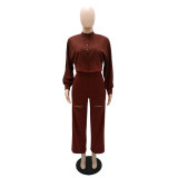 Long-Sleeved Solid Button Up Top Fashionable Ripped High-Waisted Trousers Two-Piece Set