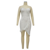 Women's Autumn Winter Feather Velvet Slim Bodycon Dress With Gloves