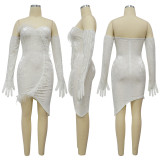 Women's Autumn Winter Feather Velvet Slim Bodycon Dress With Gloves