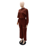 Long-Sleeved Solid Button Up Top Fashionable Ripped High-Waisted Trousers Two-Piece Set