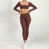 Winter Tight Fitting Square Neck Yoga Suit Outdoor Running Quick-Drying Sports Long Sleeve Fitness Two-Piece Pants Set