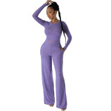 Sexy Fashionable Solid Color Round Neck Long Sleeve Two-Piece Pants Set