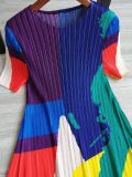Women Summer Contrast Color Pleated Short Sleeve Dress