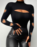 Women Fashion Heart Print Hollow Beads Long Sleeve Lace Top
