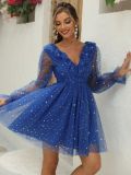 Women V-Neck Patchwork Mesh Formal Party Sequined Puff Sleeve Dress