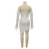 Women's Autumn Winter Feather Velvet Slim Bodycon Dress With Gloves