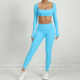 Winter Tight Fitting Square Neck Yoga Suit Outdoor Running Quick-Drying Sports Long Sleeve Fitness Two-Piece Pants Set