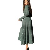 Autumn Fashion Chic Printed Long Sleeve High Waist Belted Women's Long Dress