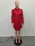Women Solid Sequin Loose Shirt Dress