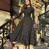 Autumn Fashion Chic Printed Long Sleeve High Waist Belted Women's Long Dress