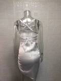 Women Sexy Strapless Pleated Backless Hollow Strap Dress