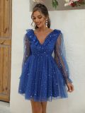 Women V-Neck Patchwork Mesh Formal Party Sequined Puff Sleeve Dress