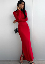 Women Solid Long Sleeve Bodycon Slit Dress Women Solid Long Sleeve Bodycon Slit Dress