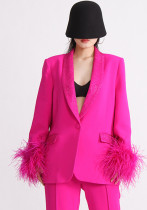 Women Neck Diamond Cuffs Patchwork Ostrich Feather Long Sleeve Blazer Women Neck Diamond Cuffs Patchwork Ostrich Feather Long Sleeve Blazer