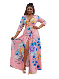 Women V-neck Half-Sleeve Slit Dress Bohemian Beach Maxi Dress