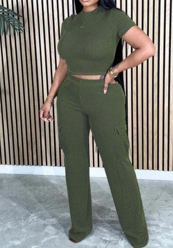 Women Casual Top and Pocket Pant Two-piece Set