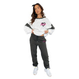 Women Heart Print Color Block Top and Casual Pants Set