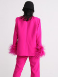 Women Neck Diamond Cuffs Patchwork Ostrich Feather Long Sleeve Blazer
