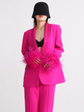 Women Neck Diamond Cuffs Patchwork Ostrich Feather Long Sleeve Blazer