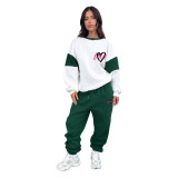Women Heart Print Color Block Top and Casual Pants Set